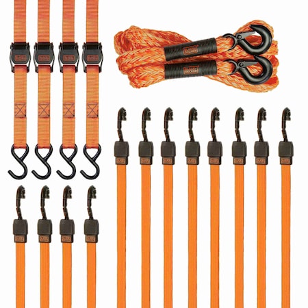 Black & Decker B+D 17Pc Tie Down Kit With Tow Rope/Cambuckle Straps/Premium Flat Bungees BDX1017